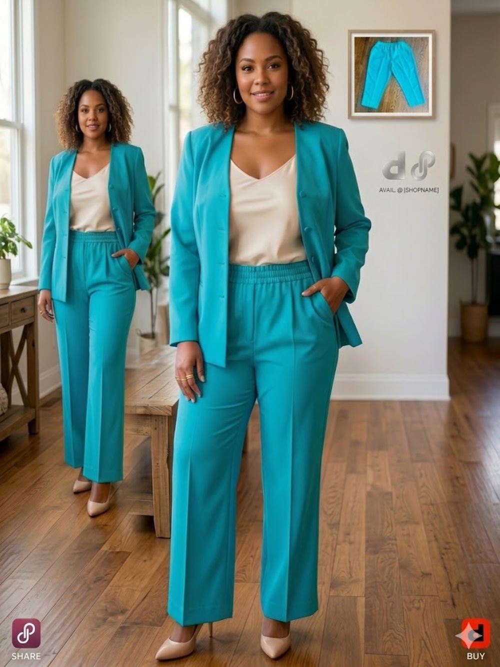 Bedford Fair Vintage 2 Piece Pants Suit Teal Turquoise Blue Plus Size 24W USA